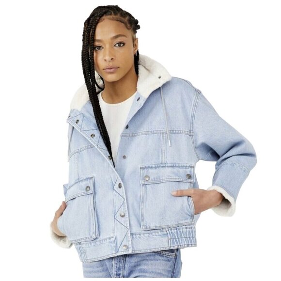 Free People We The Free Ariel Cozy Bomber Jacket Denim Sherpa Trim Size L - Picture 5 of 10